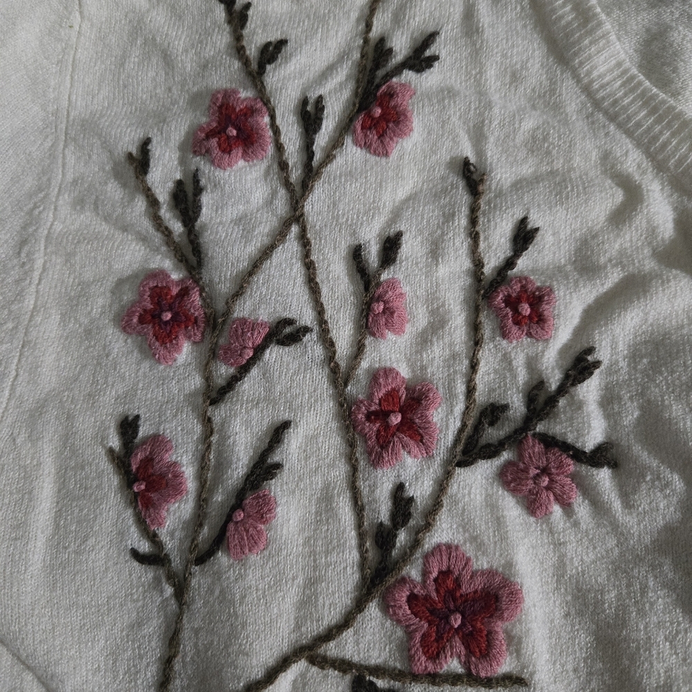 Cream Floral Embroidered Button-Up Cardigan Size M - Picture 3 of 5
